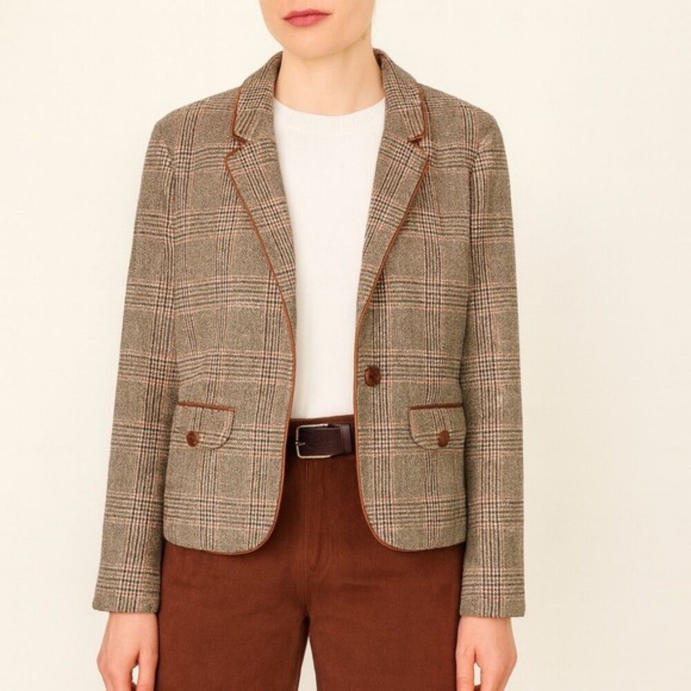 Lands End Glen Plaid Single Button Blazer Tan & Brown Leather Buttons Size 16 - Picture 1 of 15